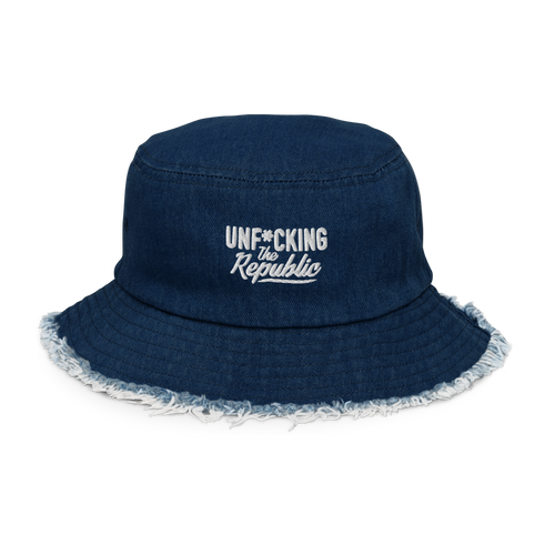 Dark denim bucket hat with white embroidered logo that says Unf*cking The Republic