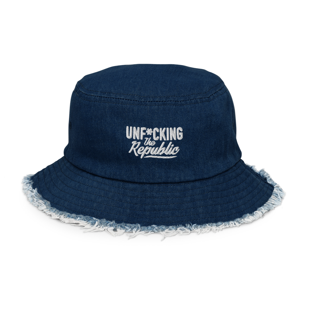 Dark denim bucket hat with white embroidered logo that says Unf*cking The Republic