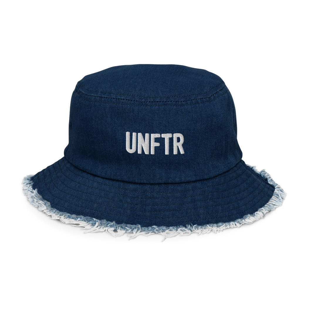 Dark denim bucket hat with white embroidered logo that says UNFTR