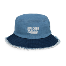 Load image into Gallery viewer, Two toned denim bucket hat with white embroidered logo that says Unf*cking The Republic
