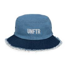 Load image into Gallery viewer, Two toned denim bucket hat with white embroidered logo that says UNFTR
