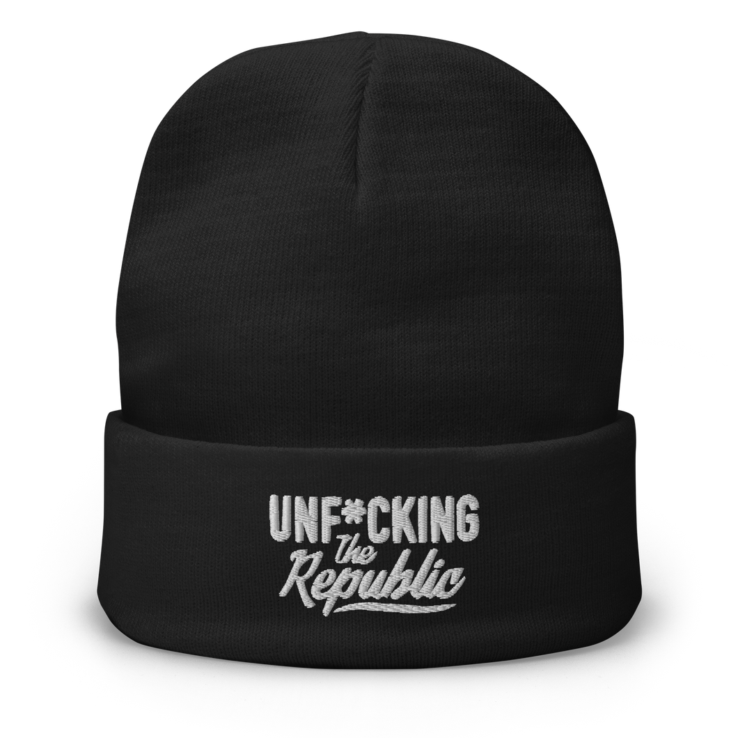 Black cuffed beanie with white embroidered logo that says ‘Unf*cking The Republic’