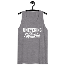 Load image into Gallery viewer, Classic tank top in heather grey with White Unf*cking The Republic logo on the chest
