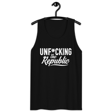 Load image into Gallery viewer, Classic tank top in black with white Unf*cking The Republic logo on the chest
