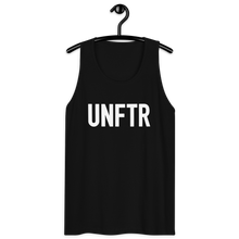 Load image into Gallery viewer, Classic tank top in black with white ‘UNFTR’ logo on the chest

