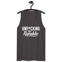 Load image into Gallery viewer, Classic tank top in charcoal grey with white Unf*cking The Republic logo on the chest
