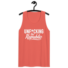 Load image into Gallery viewer, Classic tank top in coral with white Unf*cking The Republic logo on the chest
