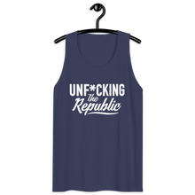 Load image into Gallery viewer, Classic tank top in washed out navy with white Unf*cking The Republic logo on the chest
