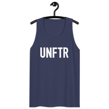 Load image into Gallery viewer, Classic tank top in washed out navy with white ‘UNFTR’ logo on the chest
