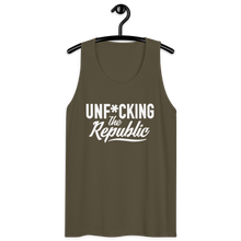 Load image into Gallery viewer, Classic tank top in army green with white Unf*cking The Republic logo on the chest
