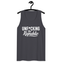 Load image into Gallery viewer, Classic tank top in grey with white Unf*cking The Republic logo on the chest
