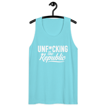 Load image into Gallery viewer, Classic tank top in bright blue with white Unf*cking The Republic logo on the chest
