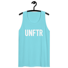 Load image into Gallery viewer, Classic tank top in bright blue with white ‘UNFTR’ logo on the chest
