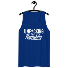 Load image into Gallery viewer, Classic tank top in blue with white Unf*cking The Republic logo on the chest
