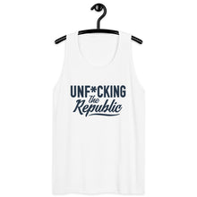 Load image into Gallery viewer, Classic Tank top in white with navy Unf*cking The Republic logo on the chest
