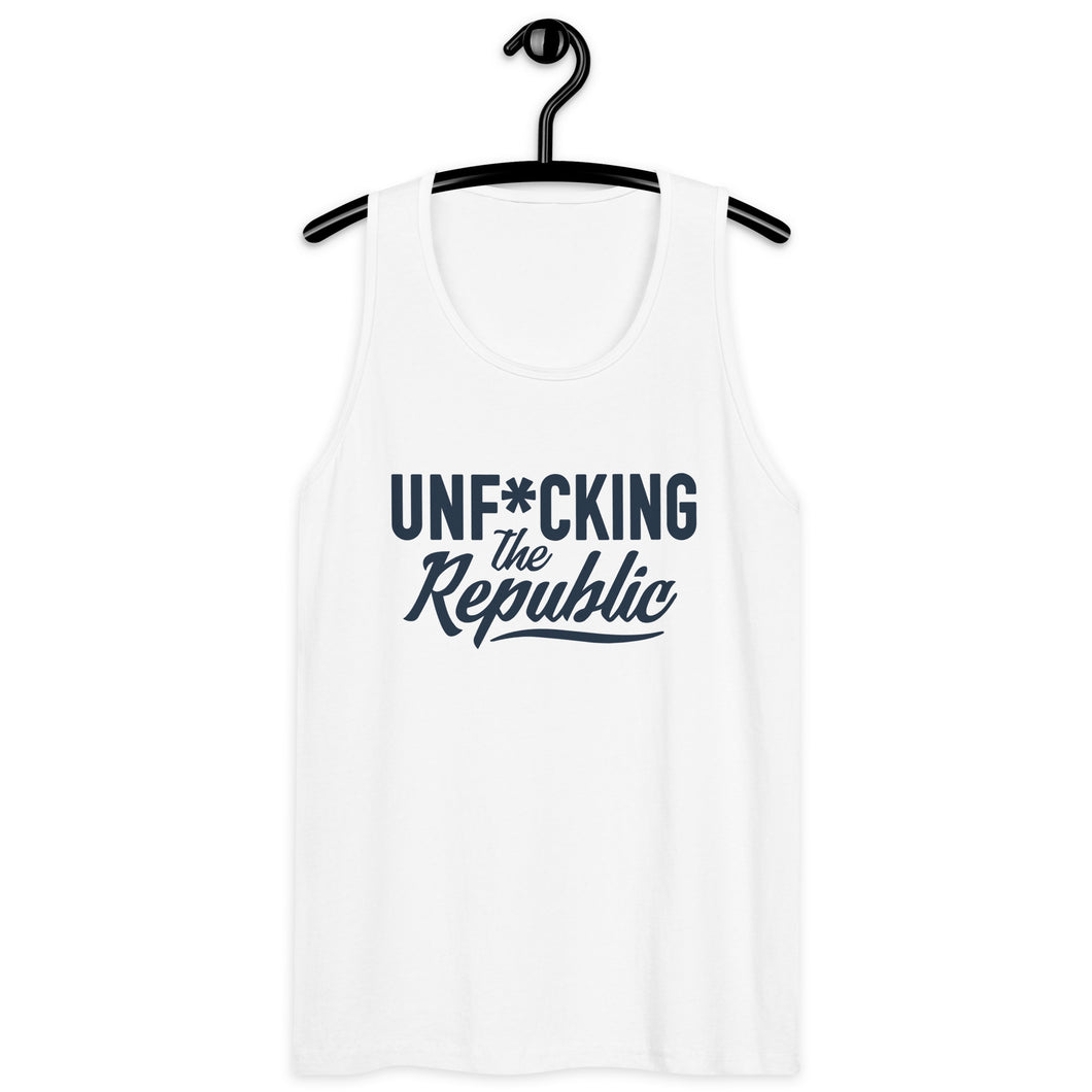 Classic Tank top in white with navy Unf*cking The Republic logo on the chest