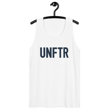 Load image into Gallery viewer, Classic tank top in white with navy ‘UNFTR’ logo on the chest
