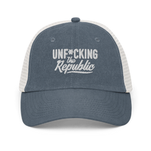 Load image into Gallery viewer, Blue and white trucker hat with white embroidered logo that says &#39;Unf*cking The Republic.&#39;

