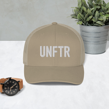 Load image into Gallery viewer, Khaki trucker hat with khaki side panels with white UNFTR logo embroidered on the front
