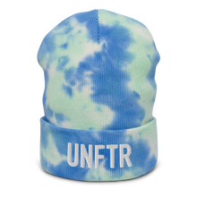 Load image into Gallery viewer, Light blue, green and white beanie with embroidered white logo that says ‘UNFTR’
