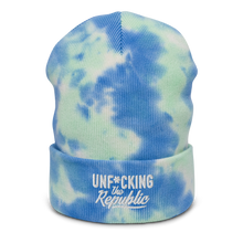 Load image into Gallery viewer, Light blue, green and white beanie with embroidered white logo that says ‘Unf*cking The Republic’
