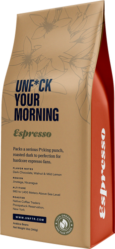 Coffee bag for the Unf*ck Your Morning blend. A ghosted out illustration of a coffee plant appears in the background and the side of the bag is red with the words Espresso.