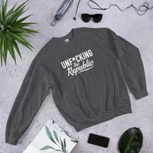 Load image into Gallery viewer, Heather gray crew neck with white logo that say Unf*cking The Republic.
