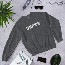 Load image into Gallery viewer, Heather gray crew neck with white block letters that say UNFTR.
