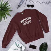 Load image into Gallery viewer, Maroon crew neck with white logo that say Unf*cking The Republic.
