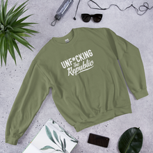 Load image into Gallery viewer, Military green crew neck with white logo that say Unf*cking The Republic.

