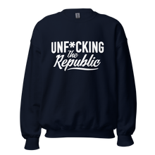 Load image into Gallery viewer, Navy crew neck with white logo that say Unf*cking The Republic.
