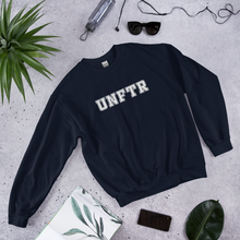 Load image into Gallery viewer, Navy crew neck with white block letters that say UNFTR.
