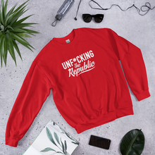 Load image into Gallery viewer, Red crew neck with white logo that say Unf*cking The Republic.

