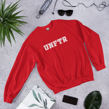 Load image into Gallery viewer, Red crew neck with white block letters that say UNFTR.
