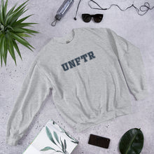 Load image into Gallery viewer, Light heather gray crew neck with navy block letters that say UNFTR.
