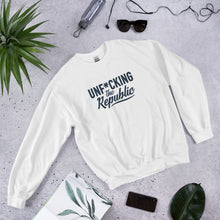 Load image into Gallery viewer, White crew neck with navy logo that say Unf*cking The Republic.

