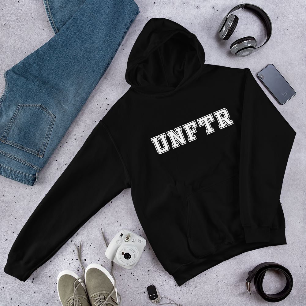 Black hoodie with white block letters that say UNFTR.