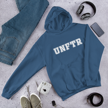 Load image into Gallery viewer, Indigo blue hoodie with white block letters that say UNFTR.
