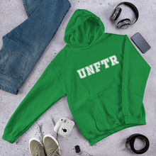 Load image into Gallery viewer, Green hoodie with white block letters that say UNFTR.
