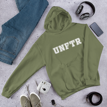 Load image into Gallery viewer, Military green hoodie with white block letters that say UNFTR.
