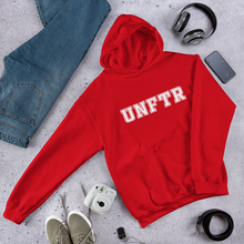 Load image into Gallery viewer, Red hoodie with white block letters that say UNFTR.
