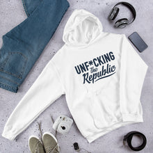 Load image into Gallery viewer, White hoodie with navy logo that say Unf*cking The Republic.
