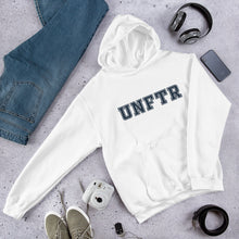 Load image into Gallery viewer, White hoodie with white block letters that say UNFTR.
