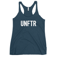 Load image into Gallery viewer, Fitted Tank top in indigo with white &#39;UNFTR&#39; logo on the chest
