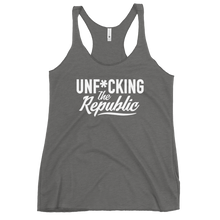 Load image into Gallery viewer, Fitted Tank top in grey with white Unf*cking The Republic logo on the chest
