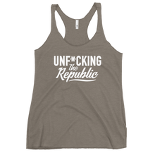 Load image into Gallery viewer, Fitted Tank top in greige with white Unf*cking The Republic logo on the chest
