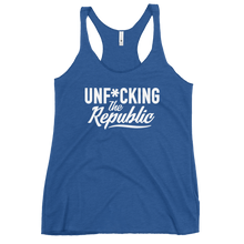 Load image into Gallery viewer, Fitted Tank top in blue with white Unf*cking The Republic logo on the chest
