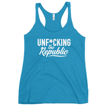Load image into Gallery viewer, Fitted Tank top in turquoise with white Unf*cking The Republic logo on the chest
